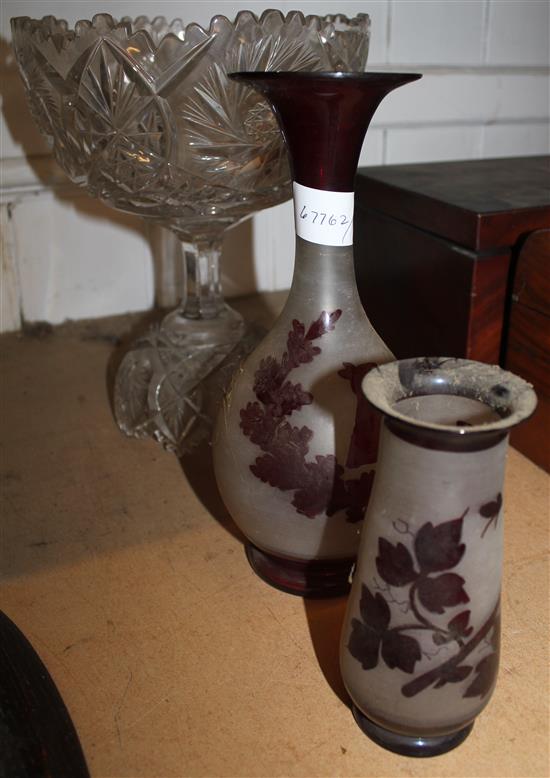 2 glass vases & cut glass pedestal vase
